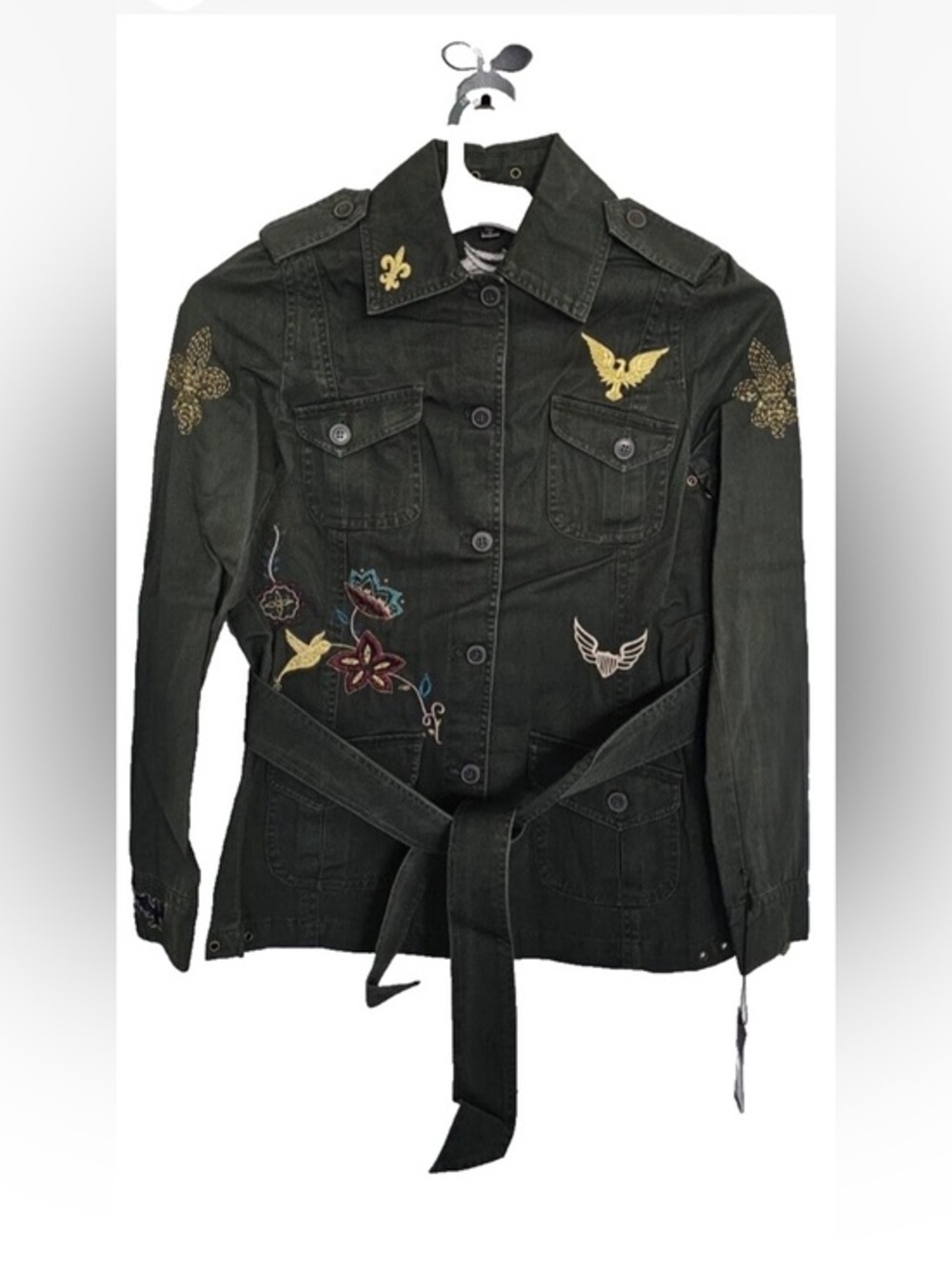 TRUE MEANING Women's Jacket, Cargo Military Army Blazer, Green Embroidered XS